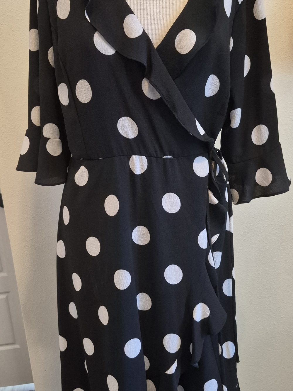 Elegant Black and White Polka Dot Wrap Dress